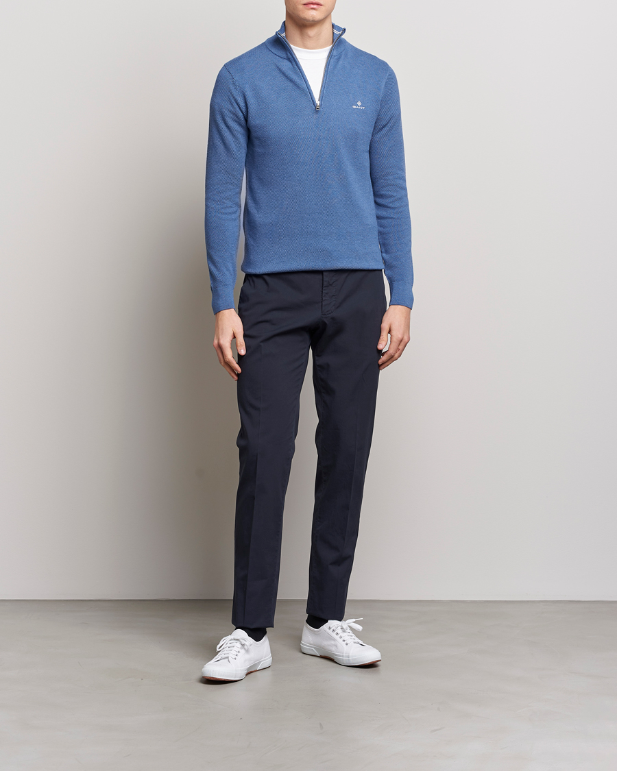 Heren | Truien | GANT | Cotton Pique Half-Zip Sweater Denim Blue Melange