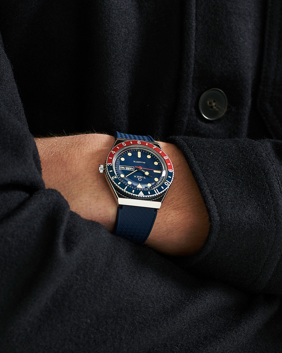 Heren | Timex Q Diver 38mm Rubber Strap Blue/Red | Timex | Q Diver 38mm Rubber Strap Blue/Red