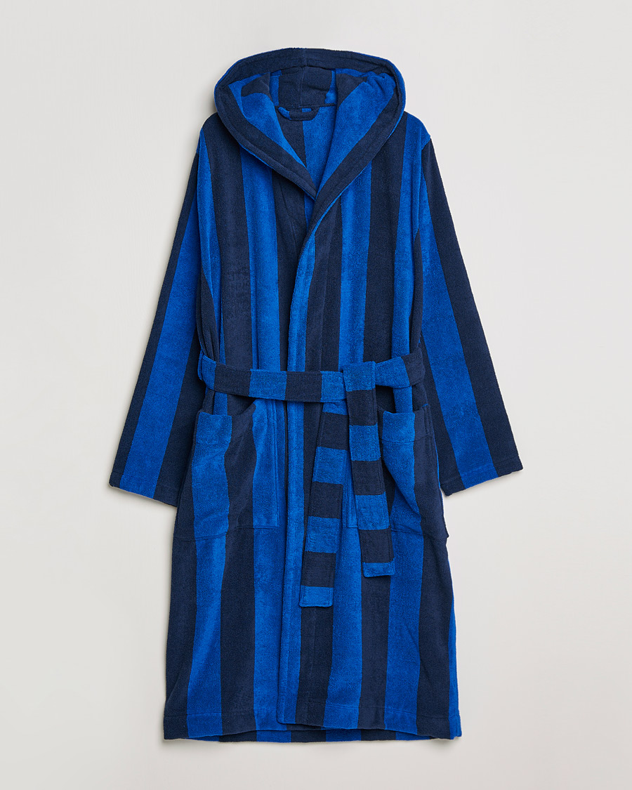 Heren | Pyjama's en gewaden | Tekla | Organic Terry Hooded Bathrobe Navy Block Stripes