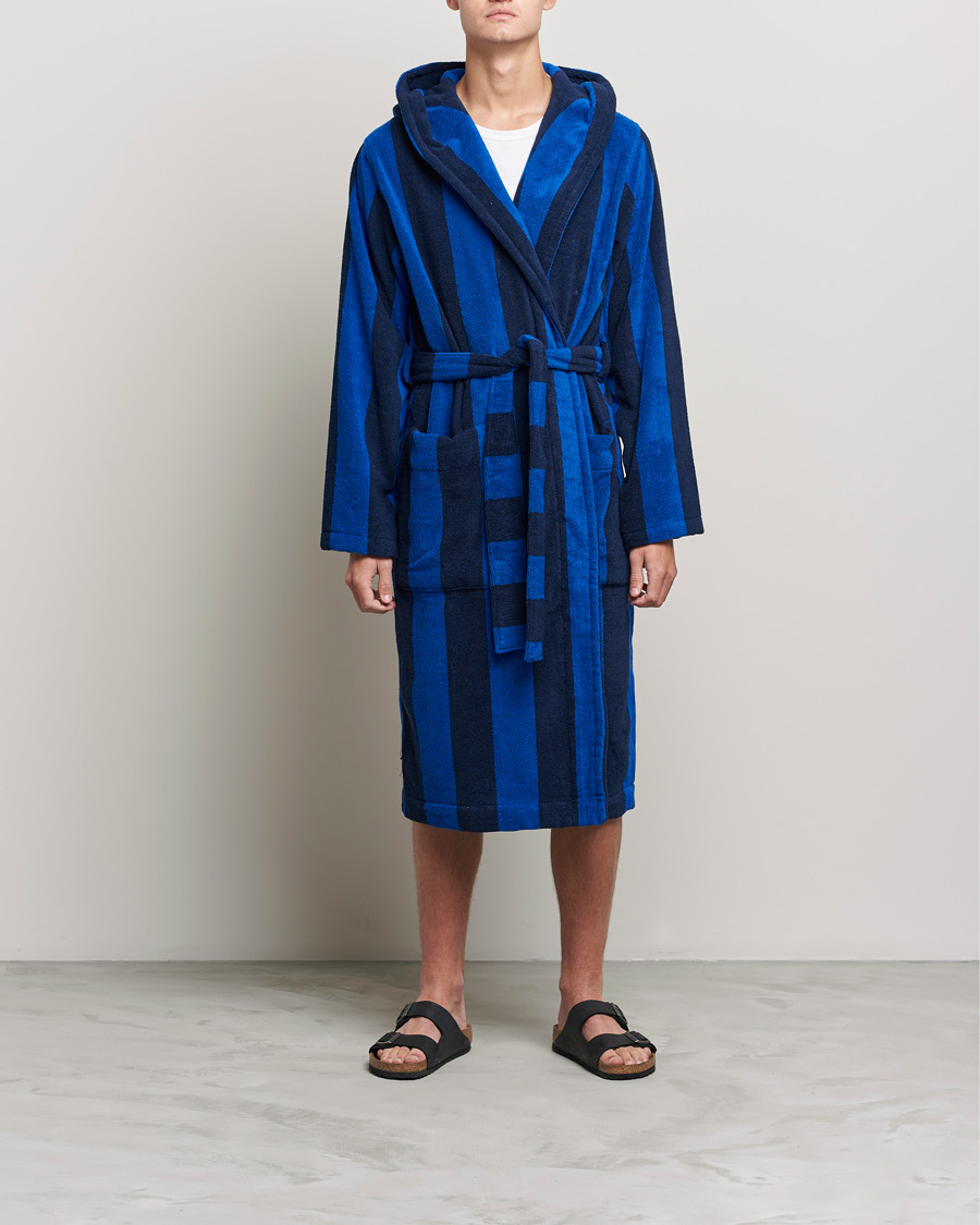 Heren | Pyjama's en gewaden | Tekla | Organic Terry Hooded Bathrobe Navy Block Stripes