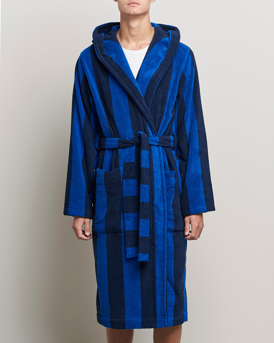 Heren | Pyjama's en gewaden | Tekla | Organic Terry Hooded Bathrobe Navy Block Stripes