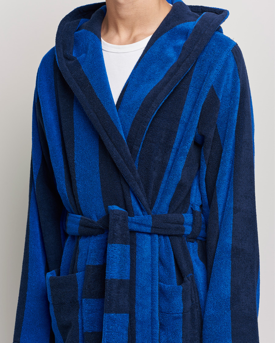 Heren | Pyjama's en gewaden | Tekla | Organic Terry Hooded Bathrobe Navy Block Stripes