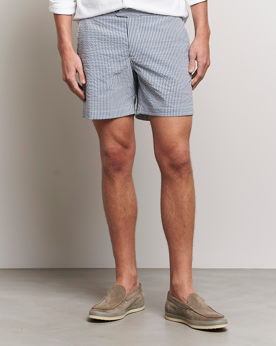 Heren | Zwembroek | The Resort Co | Tailored Swim Shorts Navy Stripe Seersucker