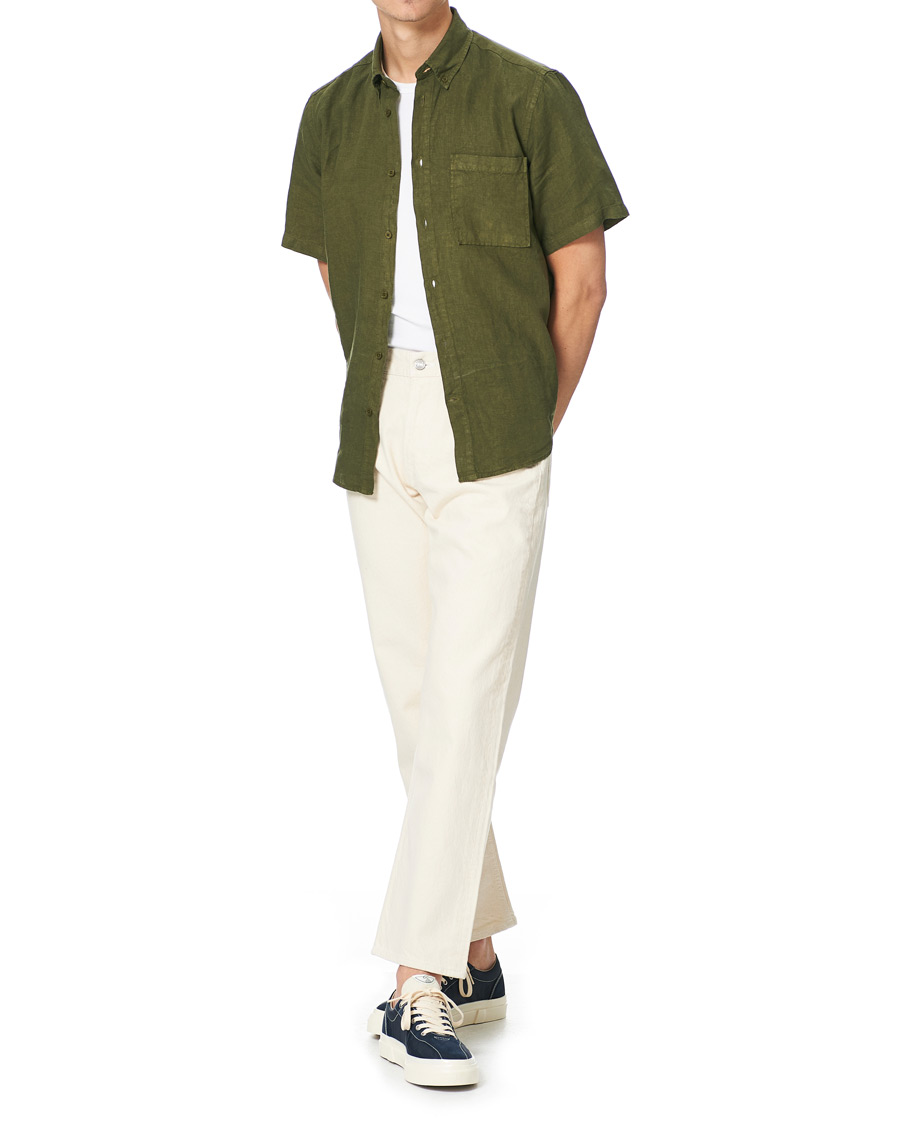 Heren | Overhemden | NN07 | Arne Linen Short Sleeve Shirt Dark Olive