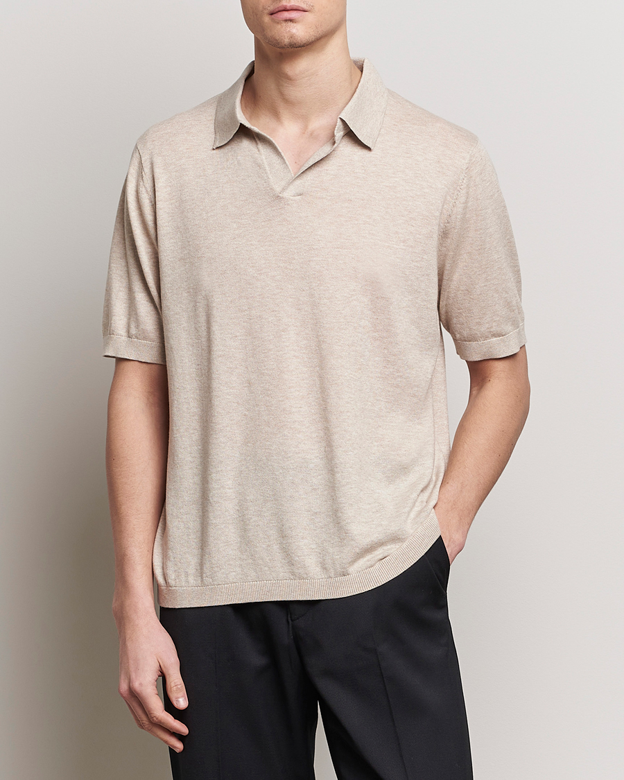 Heren | Contemporary Creators | A Day's March | Ebro Cotton/Merino Open Collar Polo Sand