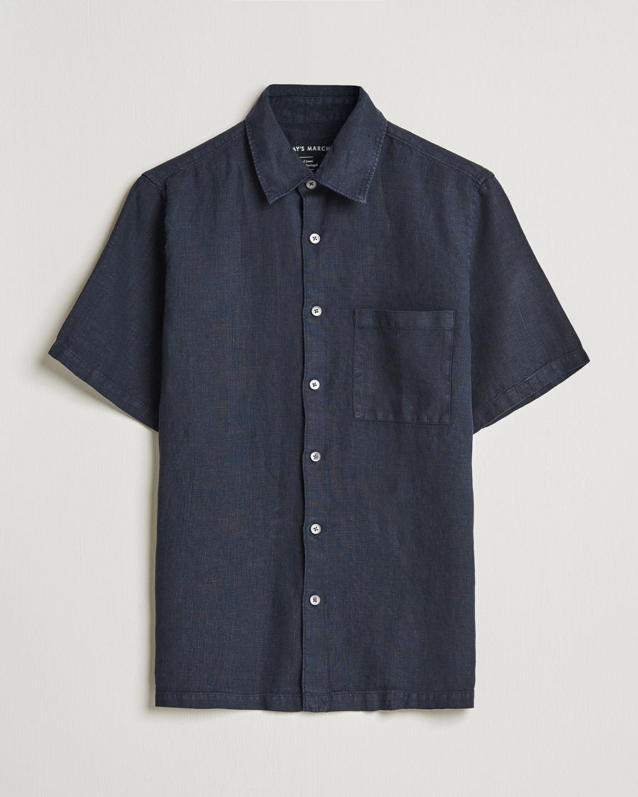 Heren | Overhemden | A Day's March | Khito Short Sleeve Linen Shirt Dark Navy