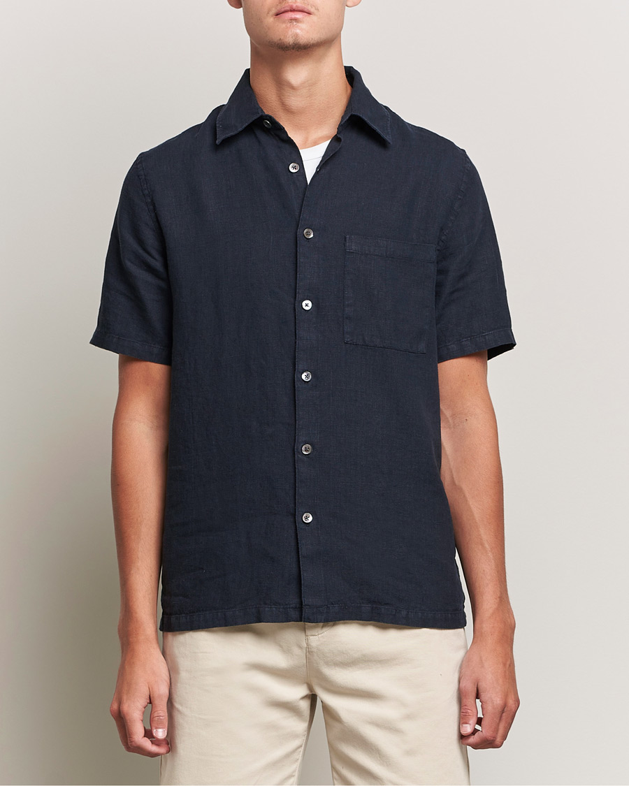 Heren | Overhemden | A Day's March | Khito Short Sleeve Linen Shirt Dark Navy