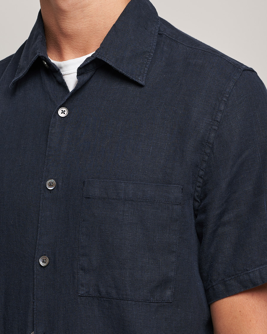 Heren | Overhemden | A Day's March | Khito Short Sleeve Linen Shirt Dark Navy