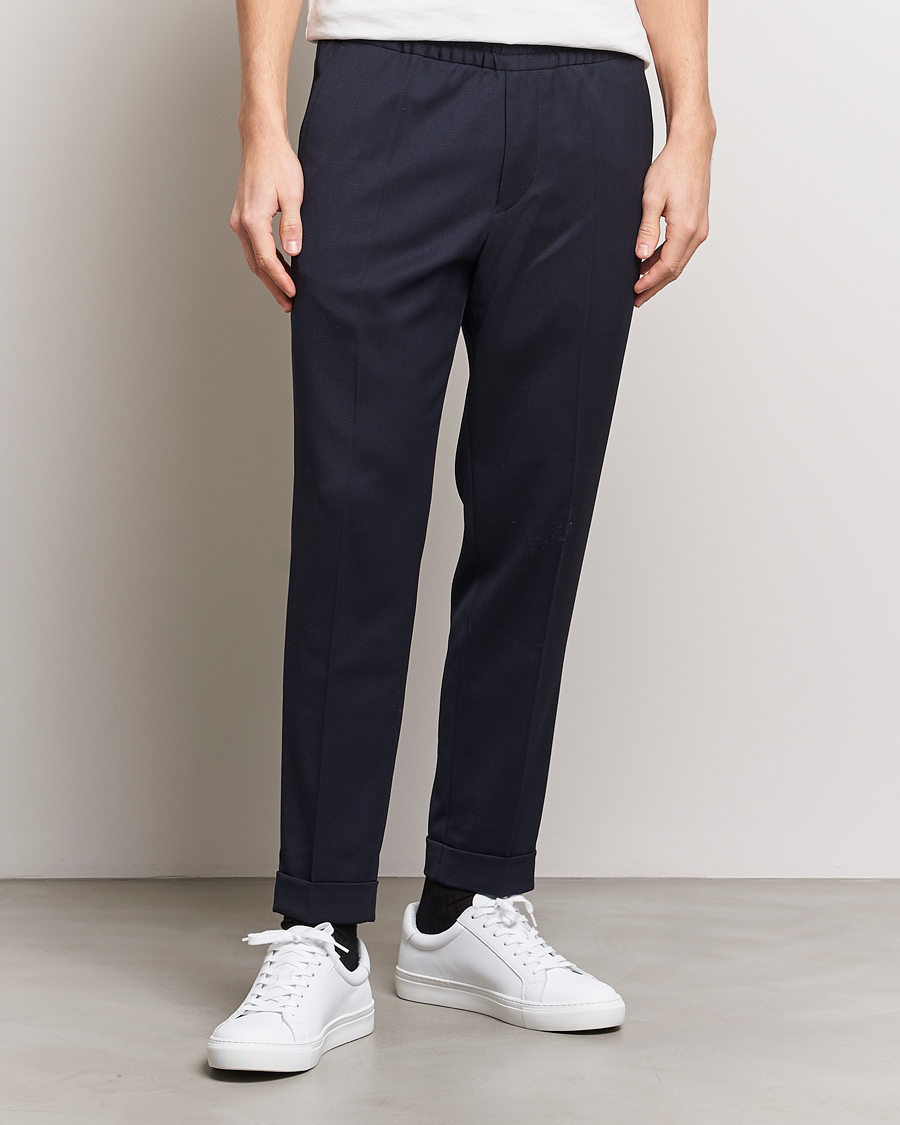 Men | Drawstring Trousers | Filippa K | Terry Gabardine Cropped Turn Up Trousers  Navy