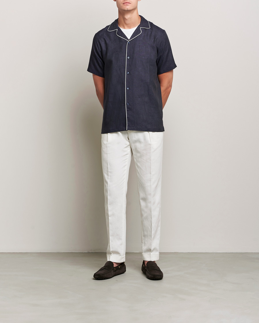 Heren | Overhemden | Orlebar Brown | Hibbert Short Sleeve Linen Shirt Navy