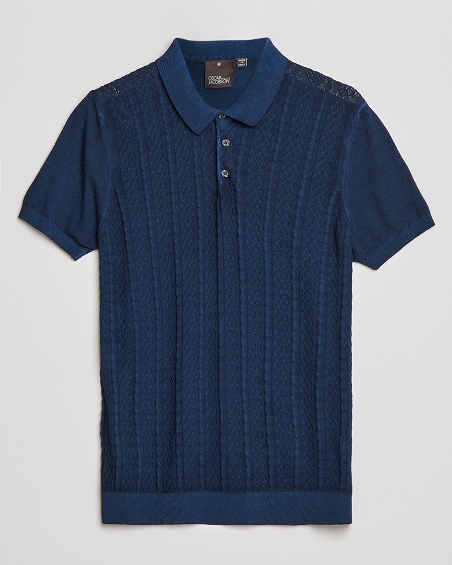 Heren | Polo's | Oscar Jacobson | Bard Knitted Cotton Crepe Polo Washed Blue
