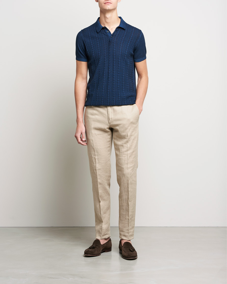 Heren | Polo's | Oscar Jacobson | Bard Knitted Cotton Crepe Polo Washed Blue