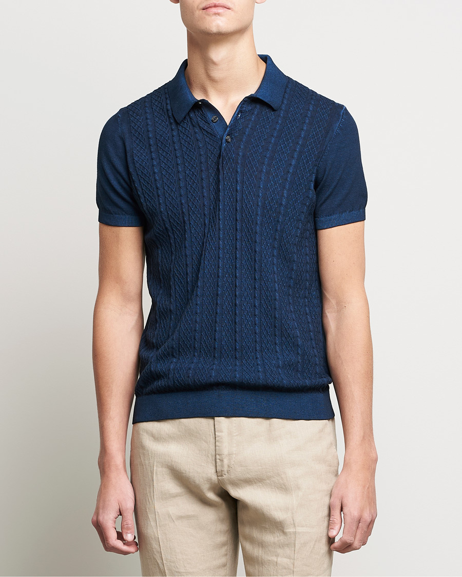 Heren | Polo's | Oscar Jacobson | Bard Knitted Cotton Crepe Polo Washed Blue