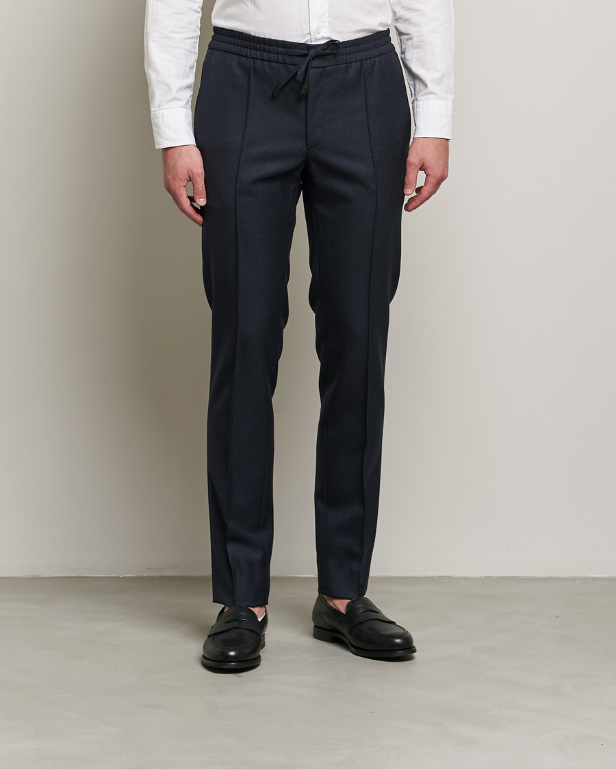Heren | Broeken | Brioni | Sharkskin Wool Drawstring Trousers Navy