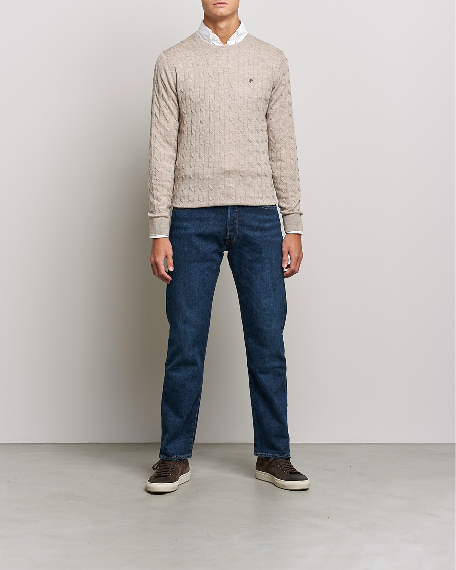 Heren | Truien | Morris | Merino Cable Crew Neck Khaki Melange