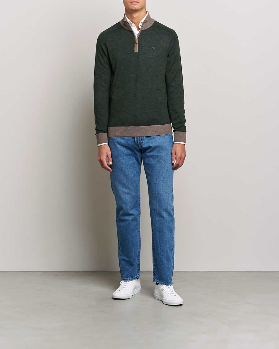 Heren | Truien | Morris | John Merino Half Zip Green/Brown