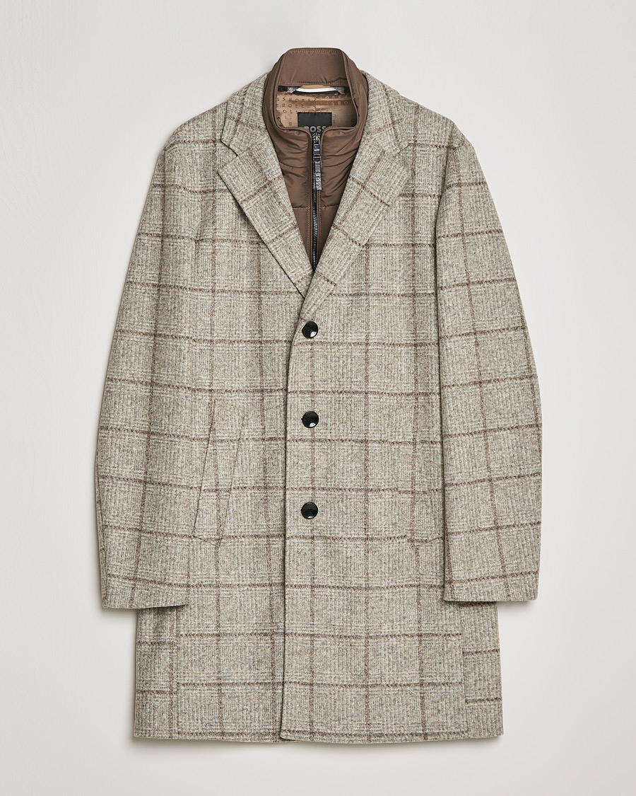 Heren | Jassen | BOSS BLACK | BOSS Hyde Wool Checked Stand Up Collar Coat Medium Beige