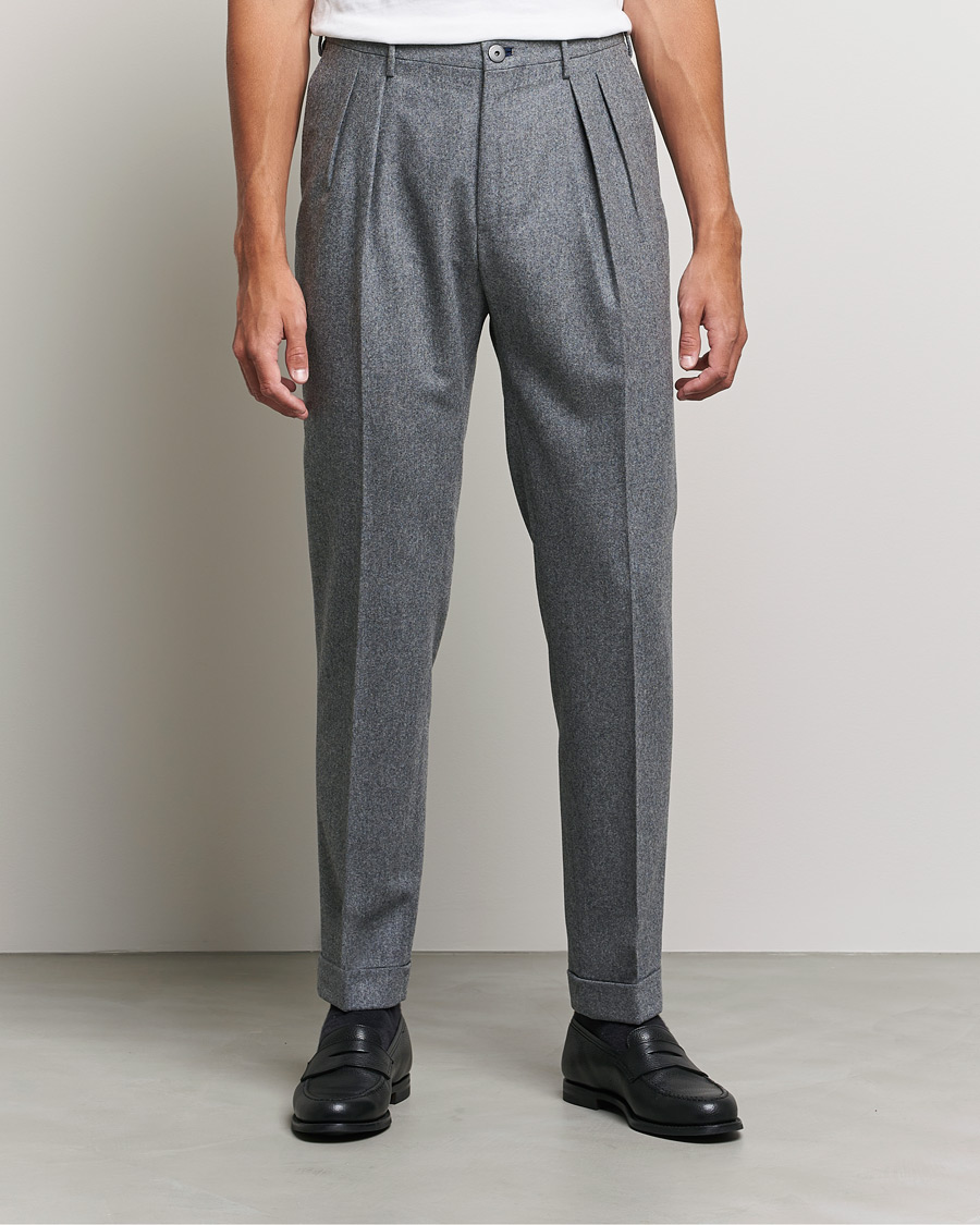 Heren | Broeken | Incotex | Pleated Flannel Trousers Grey Melange