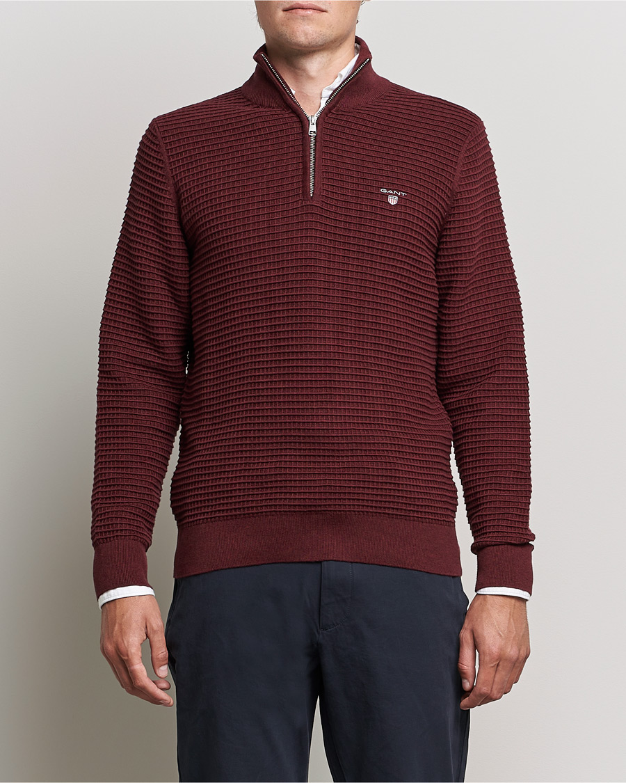 Heren | Truien | GANT | Cotton Texture Half Zip Dark Burgundy Melange