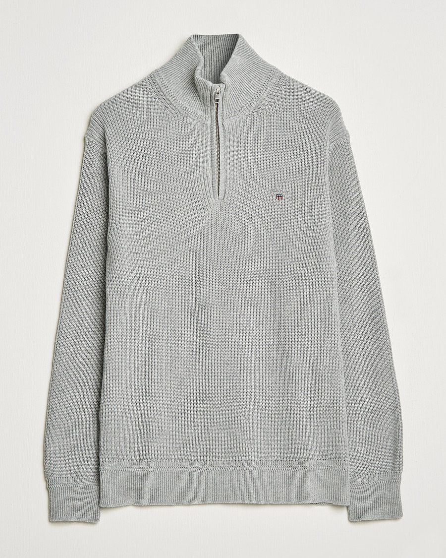 Heren | Truien | GANT | Cotton/Wool Ribbed Half Zip Sweater Grey Melange