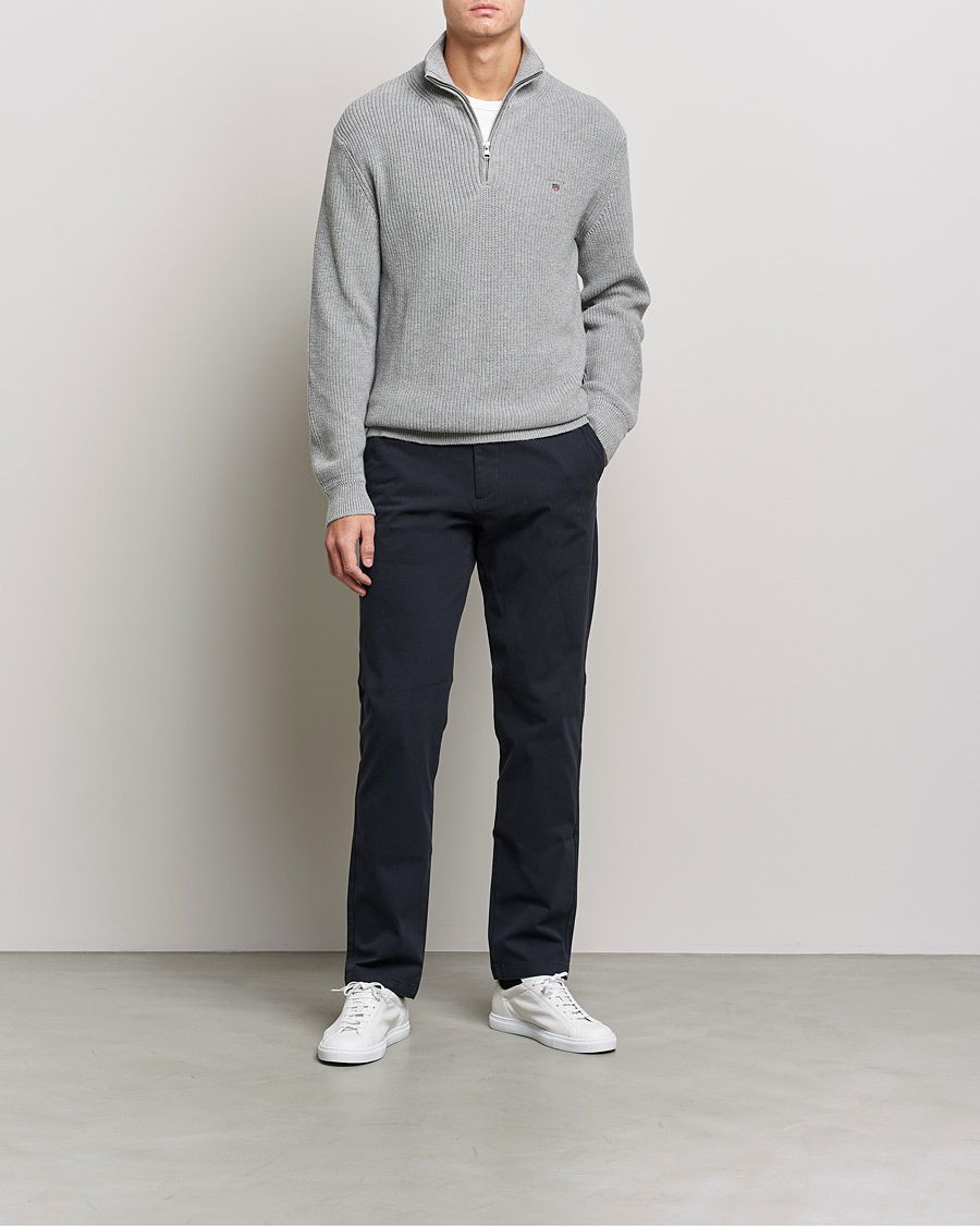 Heren | Truien | GANT | Cotton/Wool Ribbed Half Zip Sweater Grey Melange