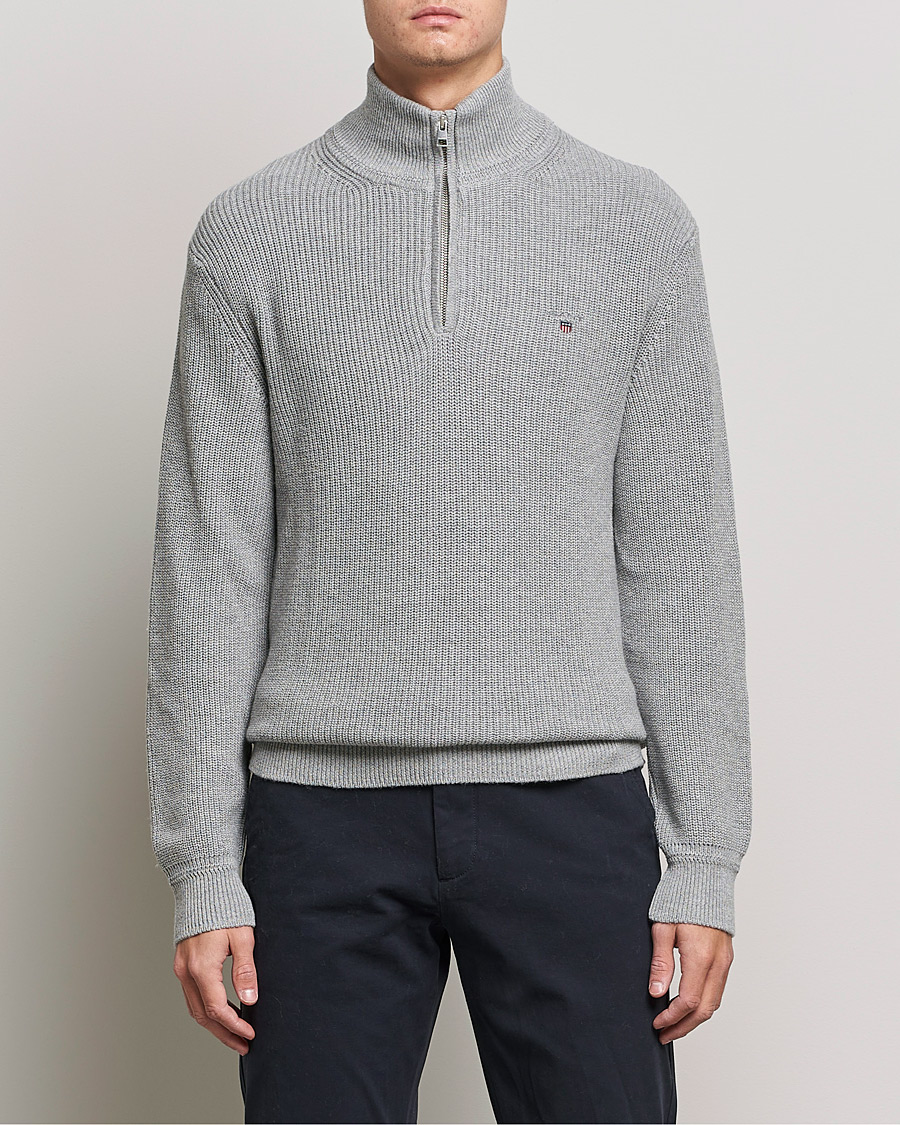 Heren | Truien | GANT | Cotton/Wool Ribbed Half Zip Sweater Grey Melange