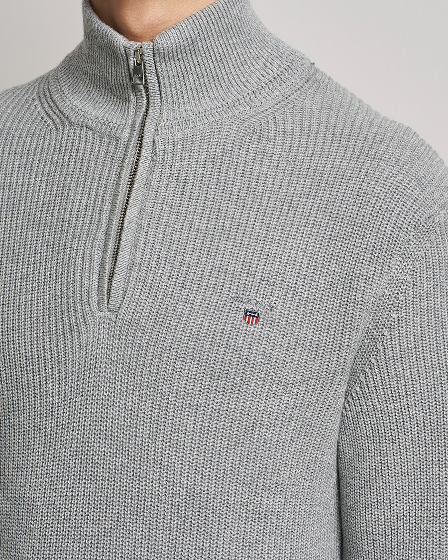 Heren | Truien | GANT | Cotton/Wool Ribbed Half Zip Sweater Grey Melange