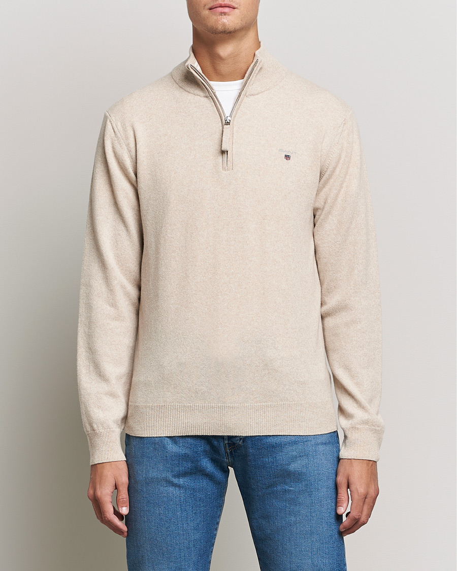 Heren | Truien | GANT | Lambswool Half Zip Dark Sand Melange
