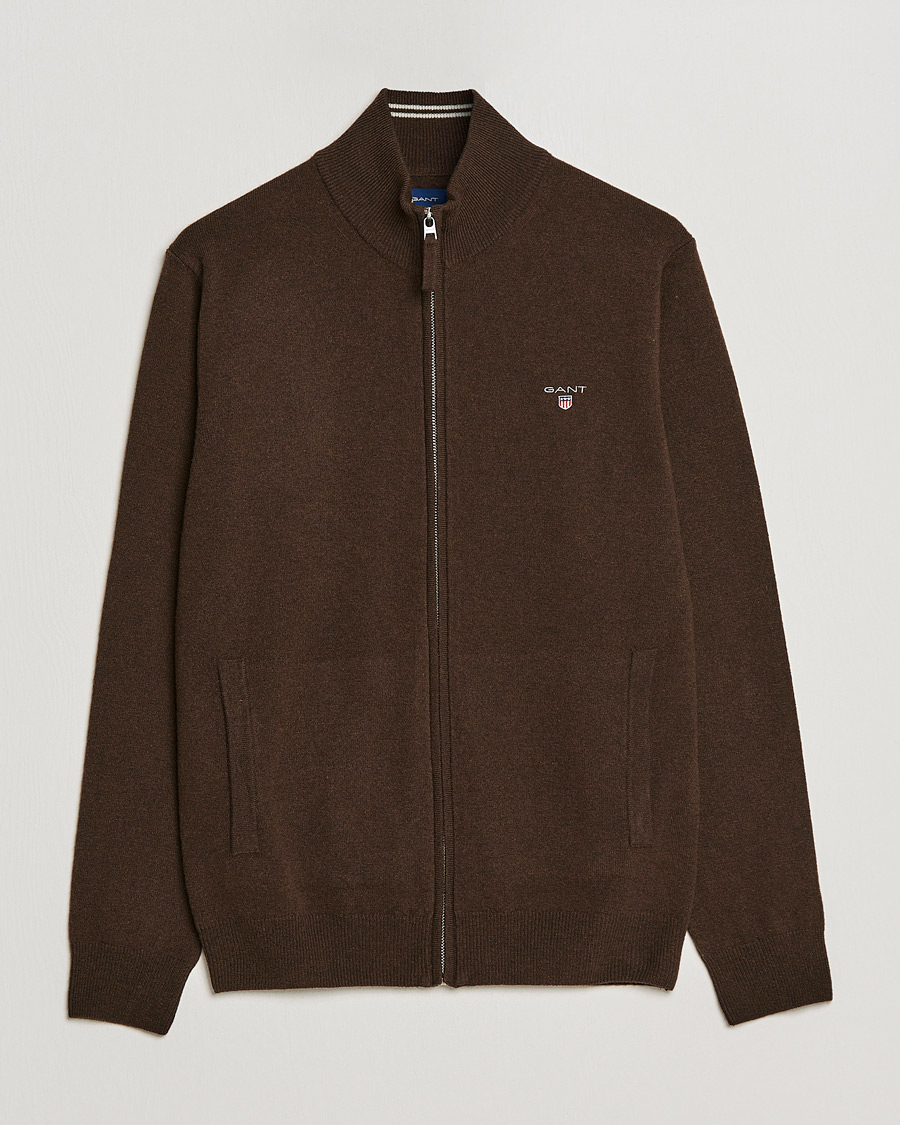 Heren | Truien | GANT | Lambswool Full Zip Dark Brown Melange
