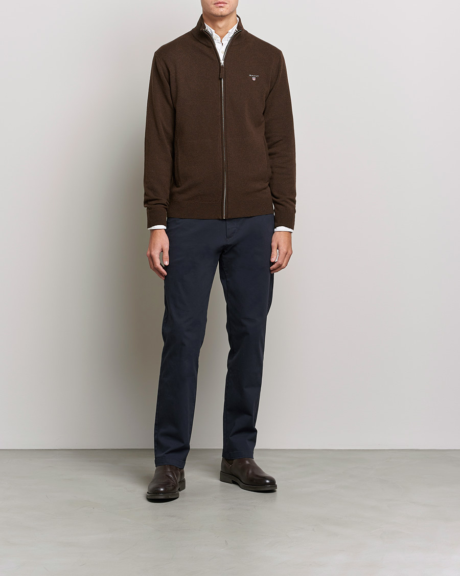 Heren | Truien | GANT | Lambswool Full Zip Dark Brown Melange
