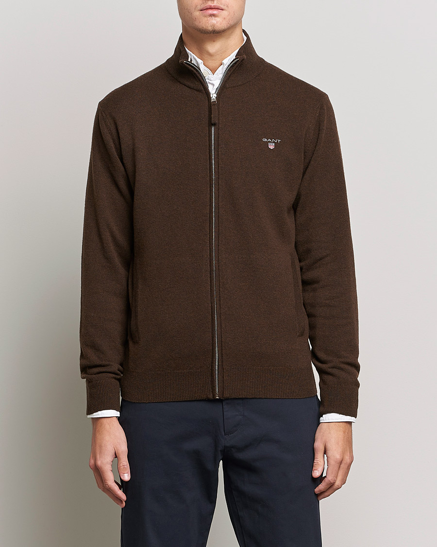 Heren | Truien | GANT | Lambswool Full Zip Dark Brown Melange