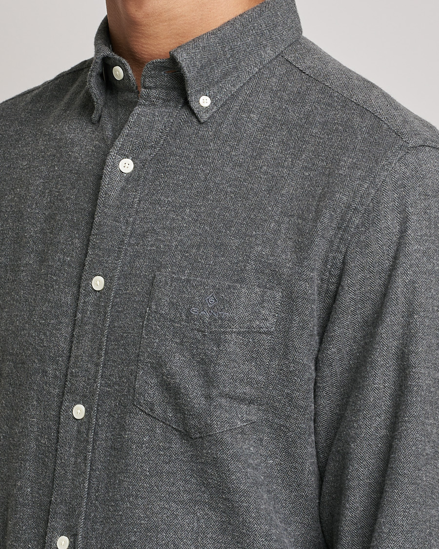 Heren | Overhemden | GANT | Regular Fit Flannel Herringbone Shirt Charcoal Melange