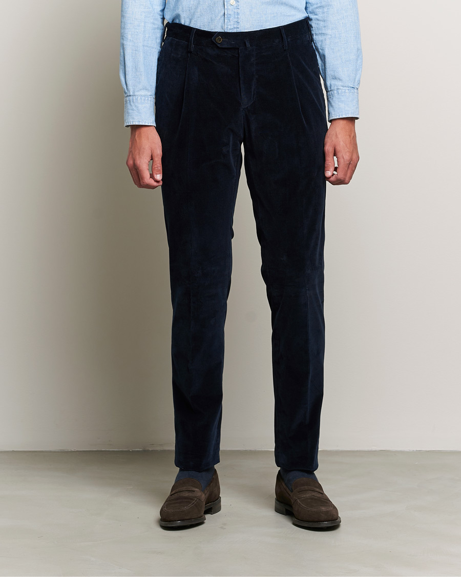Heren | PT01 | PT01 | Slim Fit Pleated Corduroy Trousers Navy