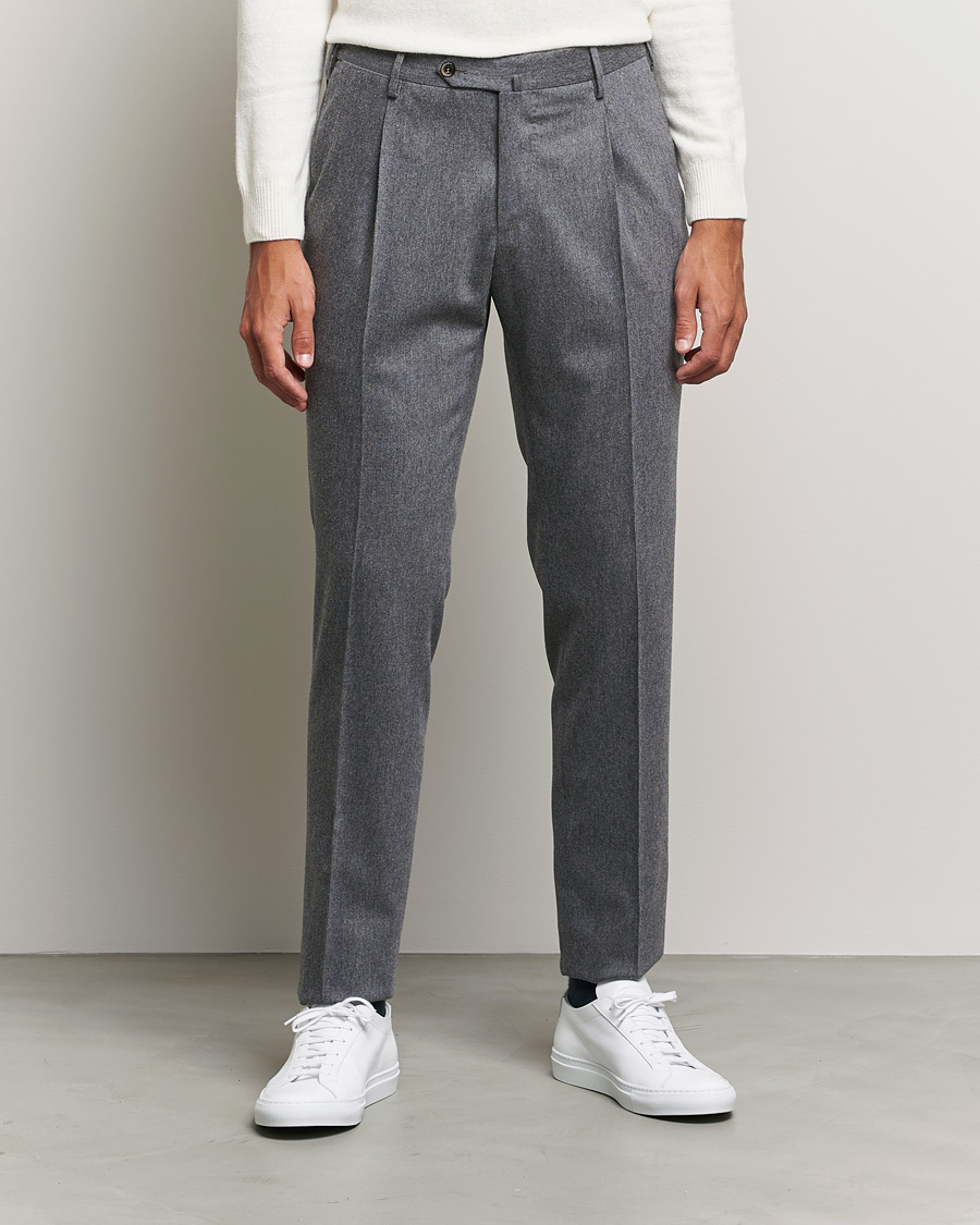 Heren | Broeken | PT01 | Slim Fit Pleated Flannel Trousers Light Grey