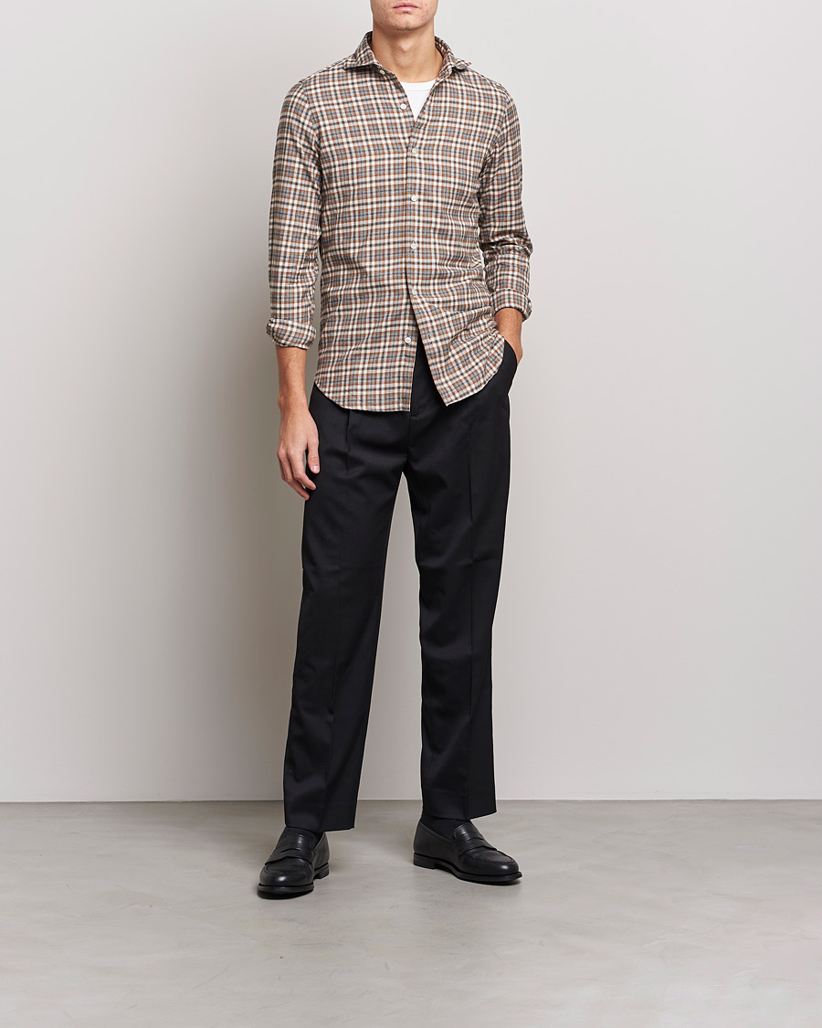 Heren | Overhemden | Finamore Napoli | Tokyo Slim Light Flannel Shirt Brown Check