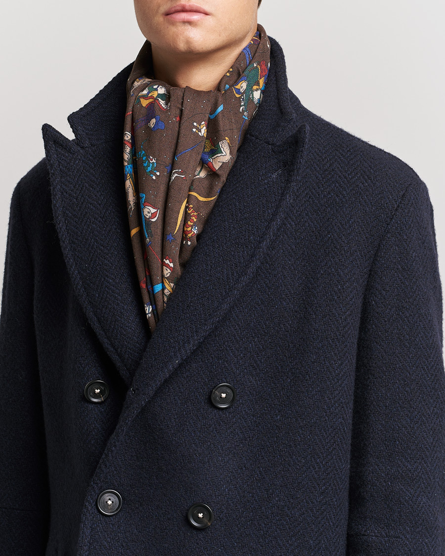 Heren | Drake's Mughal And Stars Printed Wool Scarf Brown | Drake's | Mughal And Stars Printed Wool Scarf Brown