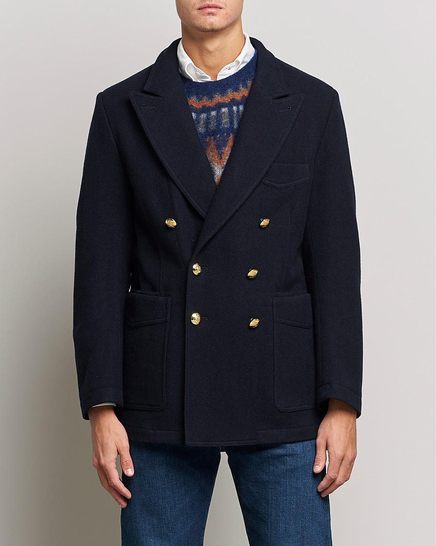 Heren | Blazers | Drake's | MKIII Double Breasted Wool/Flannel Blazer Navy