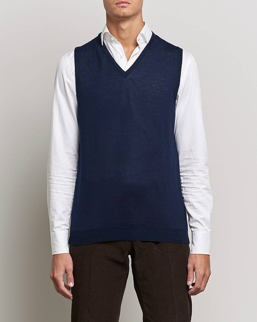 Heren | Truien | Stenströms | Merino Slipover Navy