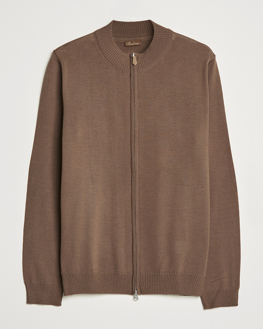 Heren | Truien | Stenströms | Merino Full Zip Brown