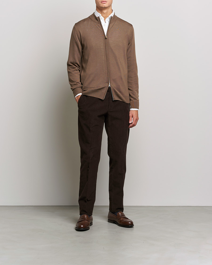 Heren | Truien | Stenströms | Merino Full Zip Brown