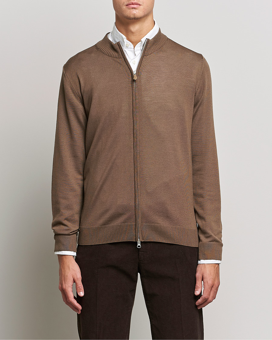 Heren | Truien | Stenströms | Merino Full Zip Brown