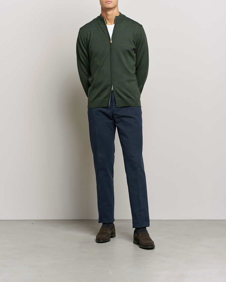 Heren | Truien | Stenströms | Merino Full Zip Dark Green