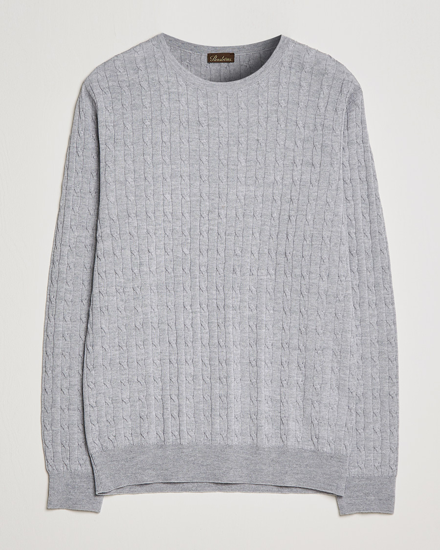 Heren | Truien | Stenströms | Merino Cable Crew Neck Light Grey