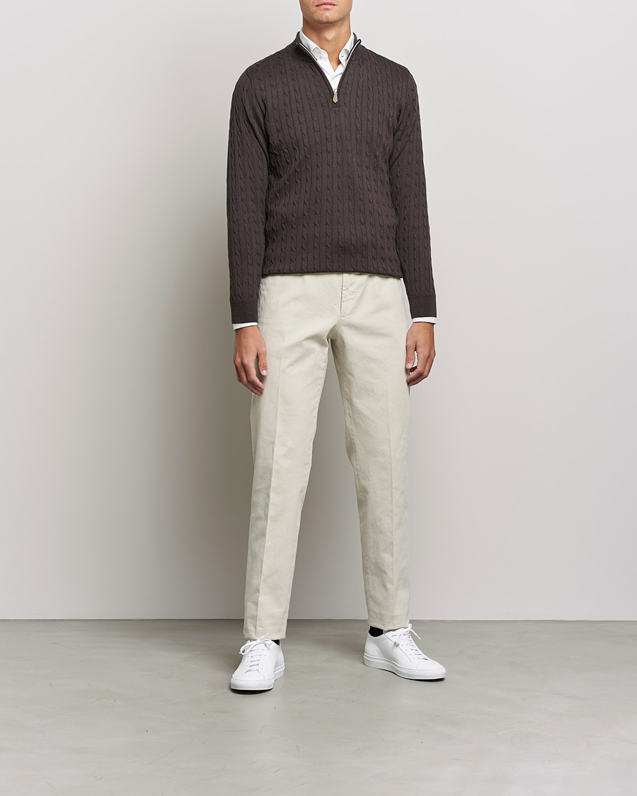 Heren | Truien | Stenströms | Merino Wool Cable Half Zip Dark Brown