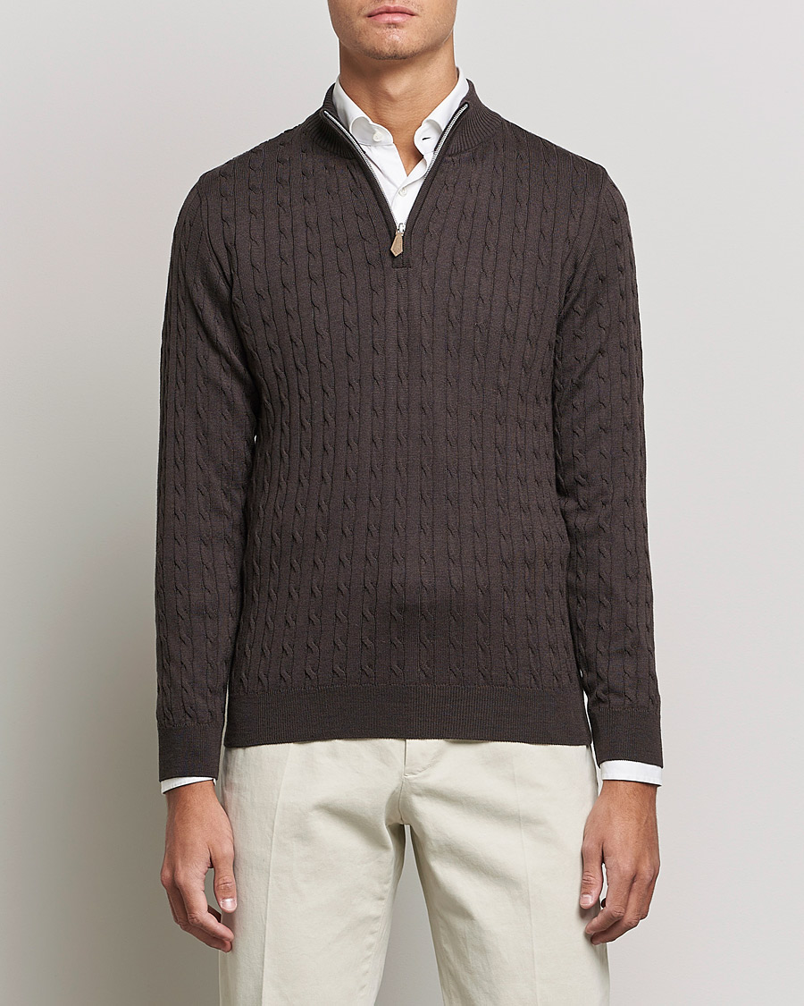 Heren | Truien | Stenströms | Merino Wool Cable Half Zip Dark Brown