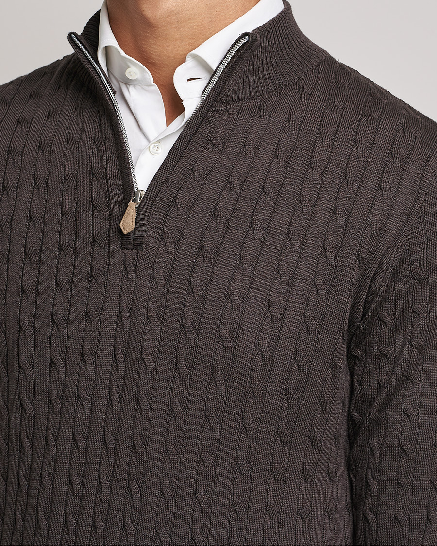 Heren | Truien | Stenströms | Merino Wool Cable Half Zip Dark Brown