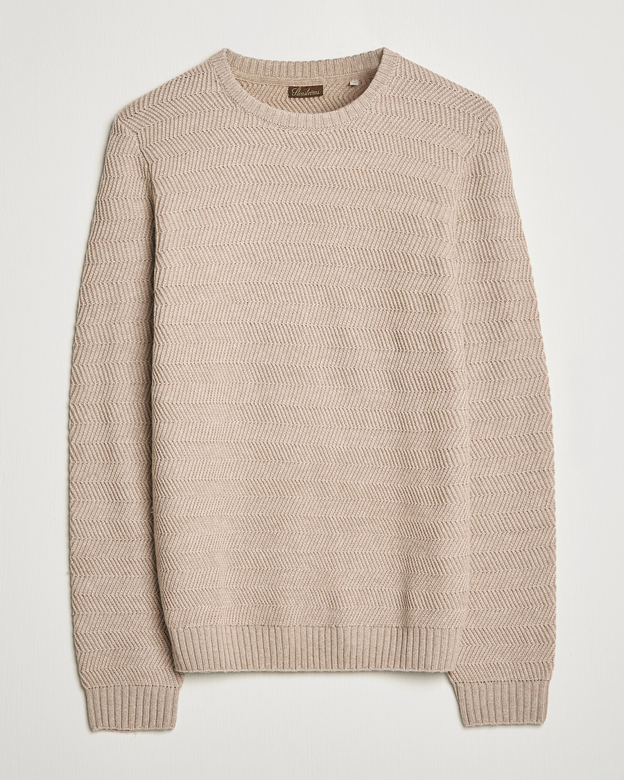 Heren | Truien | Stenströms | Merino/Cashmere Herringbone Crew Neck Beige