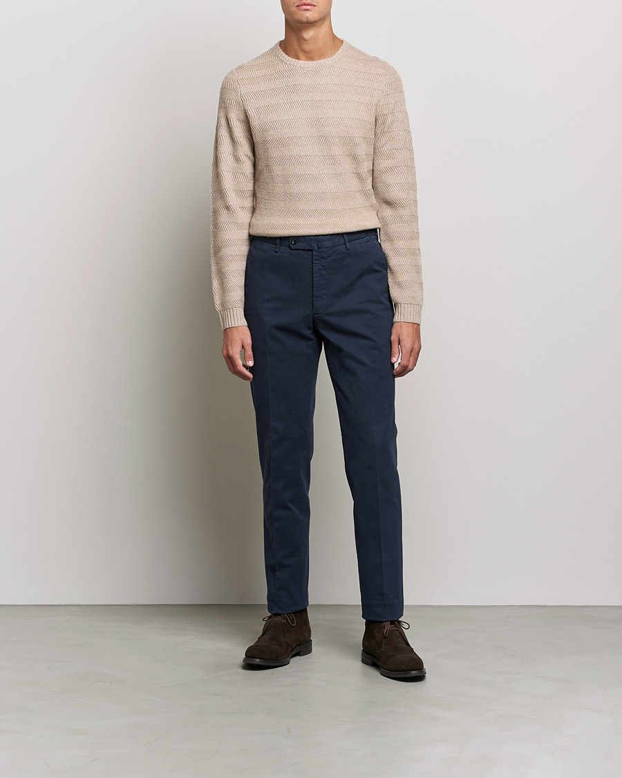 Heren | Truien | Stenströms | Merino/Cashmere Herringbone Crew Neck Beige