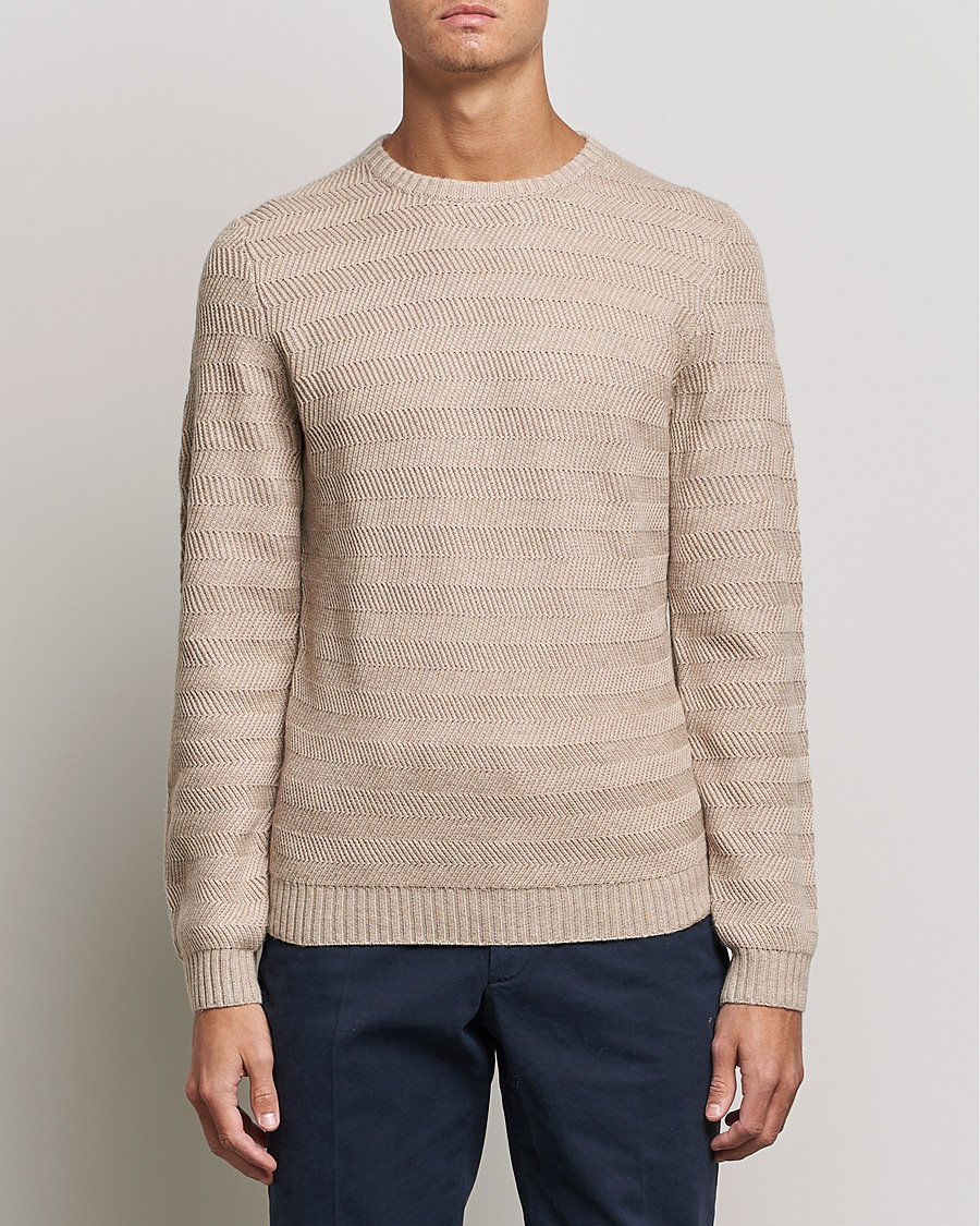 Heren | Truien | Stenströms | Merino/Cashmere Herringbone Crew Neck Beige