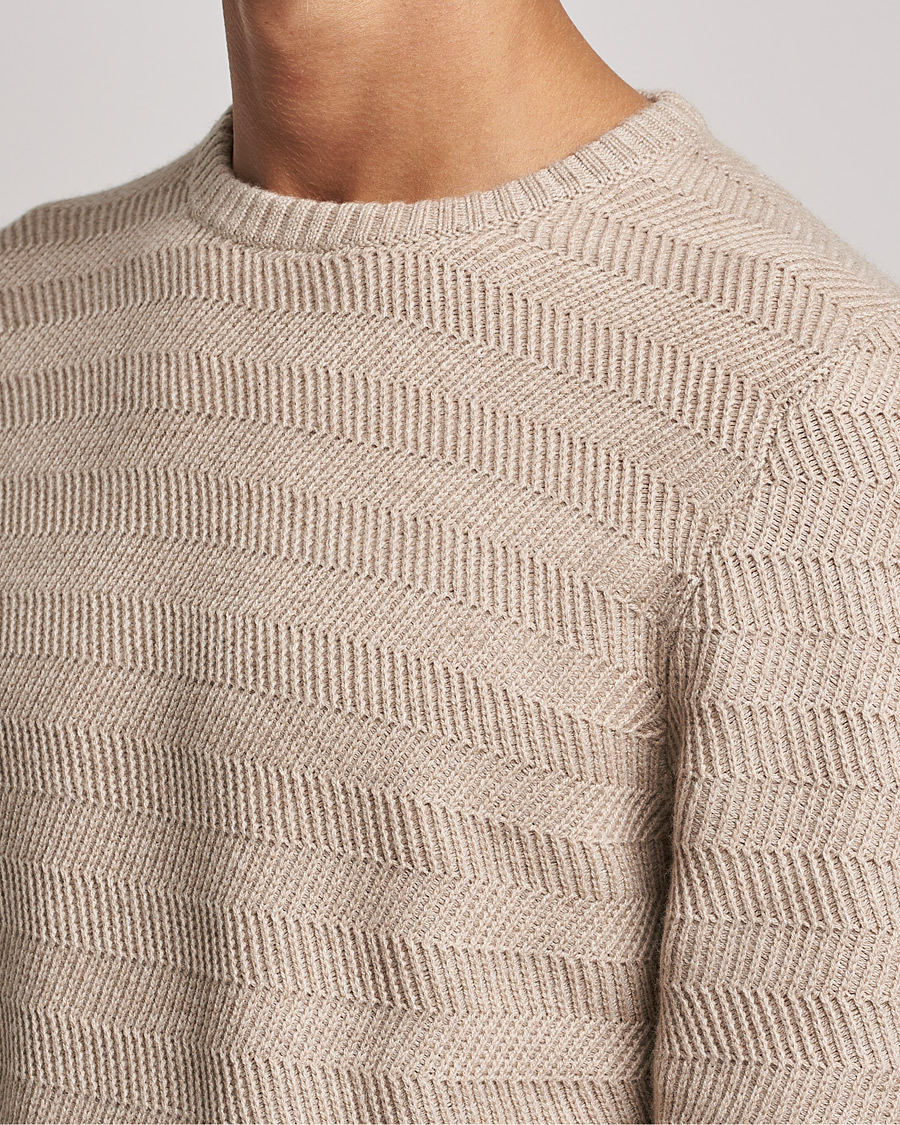 Heren | Truien | Stenströms | Merino/Cashmere Herringbone Crew Neck Beige
